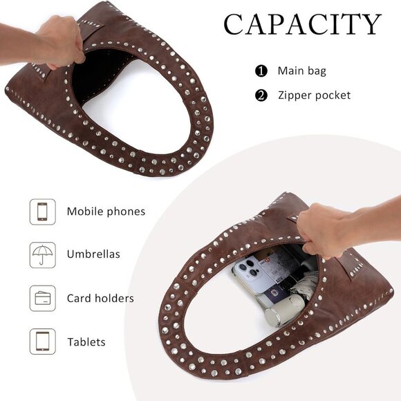 Y2K Studded Hobo Bag Womens PU Leather Tote Daily Use Vintage Chic - Picture 4 of 6